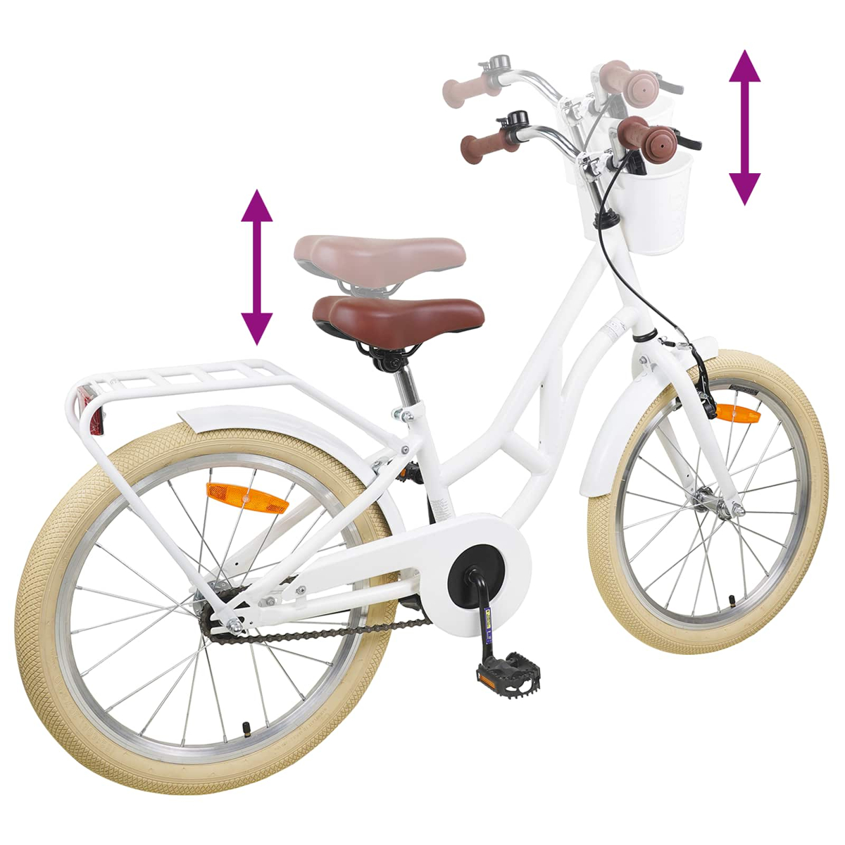 Weißes Kinderfahrrad mit zwei Sitzen, verstellbarer Sattelhöhe und Lenker.