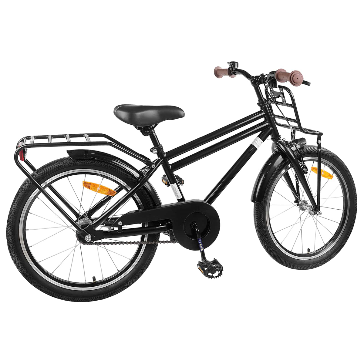 Ein schwarzes Fahrrad mit Gepäckträgern vorne und hinten.