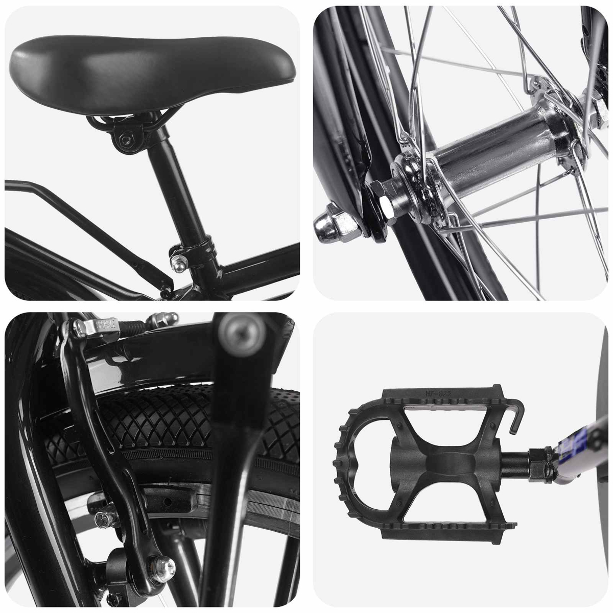 Nahaufnahme: Fahrradsitz, Vorderradnabe, Bremse und Pedal.
