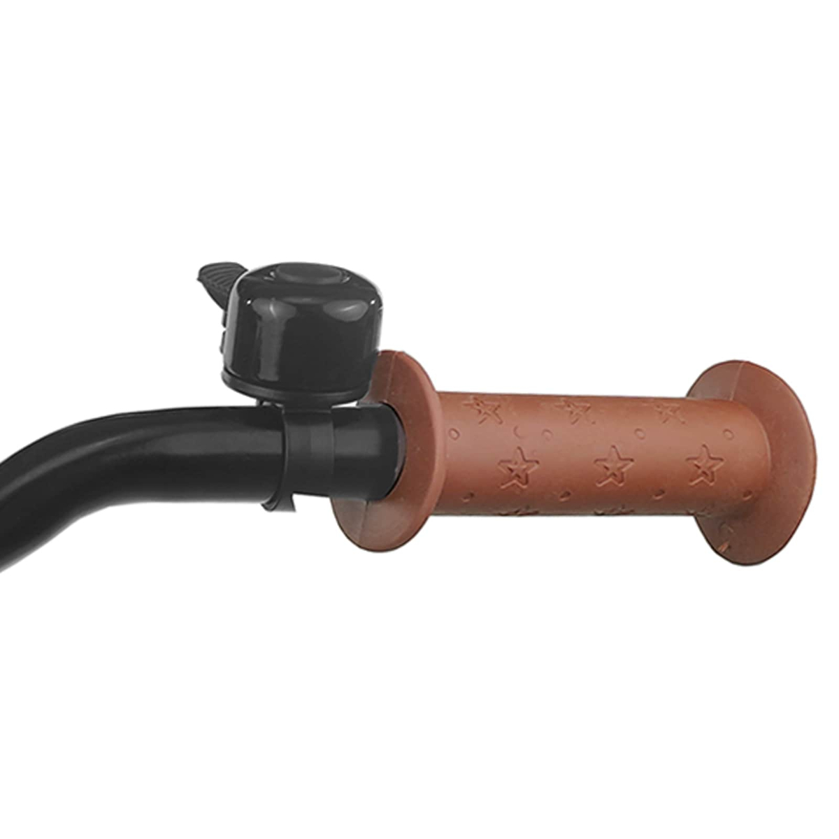Schwarze Klingel und brauner Griff mit Sternen auf einem Fahrradlenker.