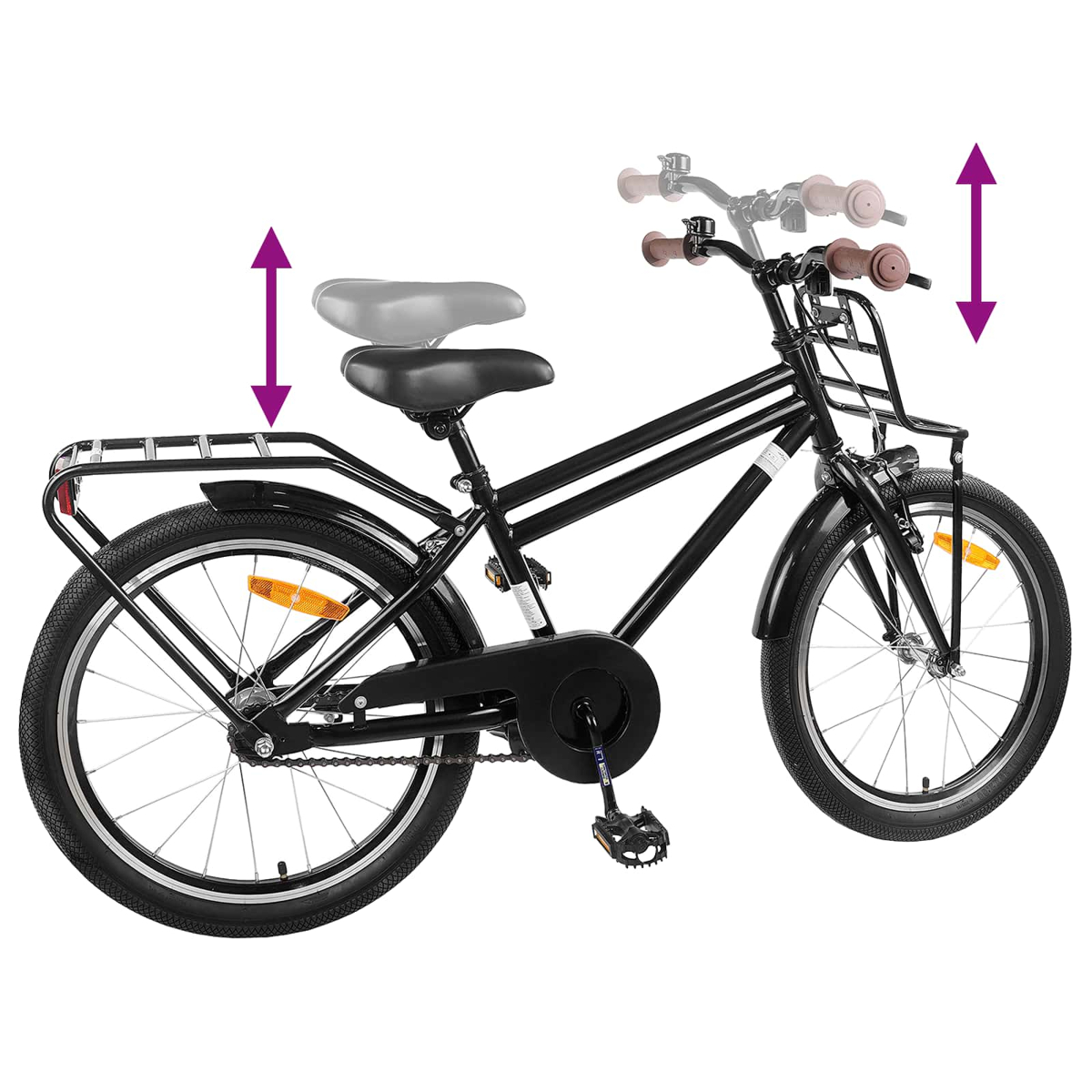 Schwarzes Fahrrad mit verstellbarem Sattel und Lenker, mit Gepäckträgern.