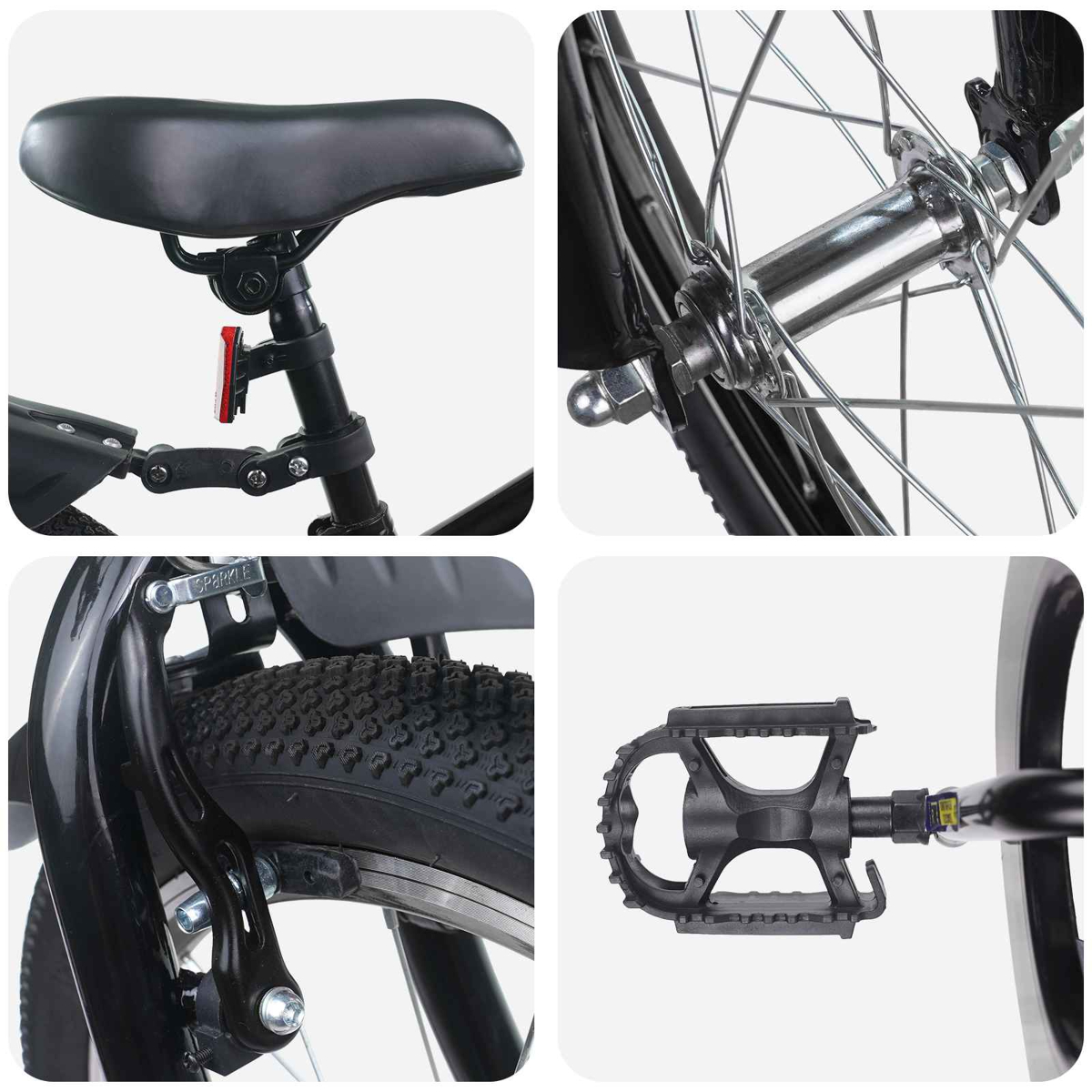 Nahaufnahmen von Fahrradteilen: Sattel, Radnabe, Bremse und Pedal.