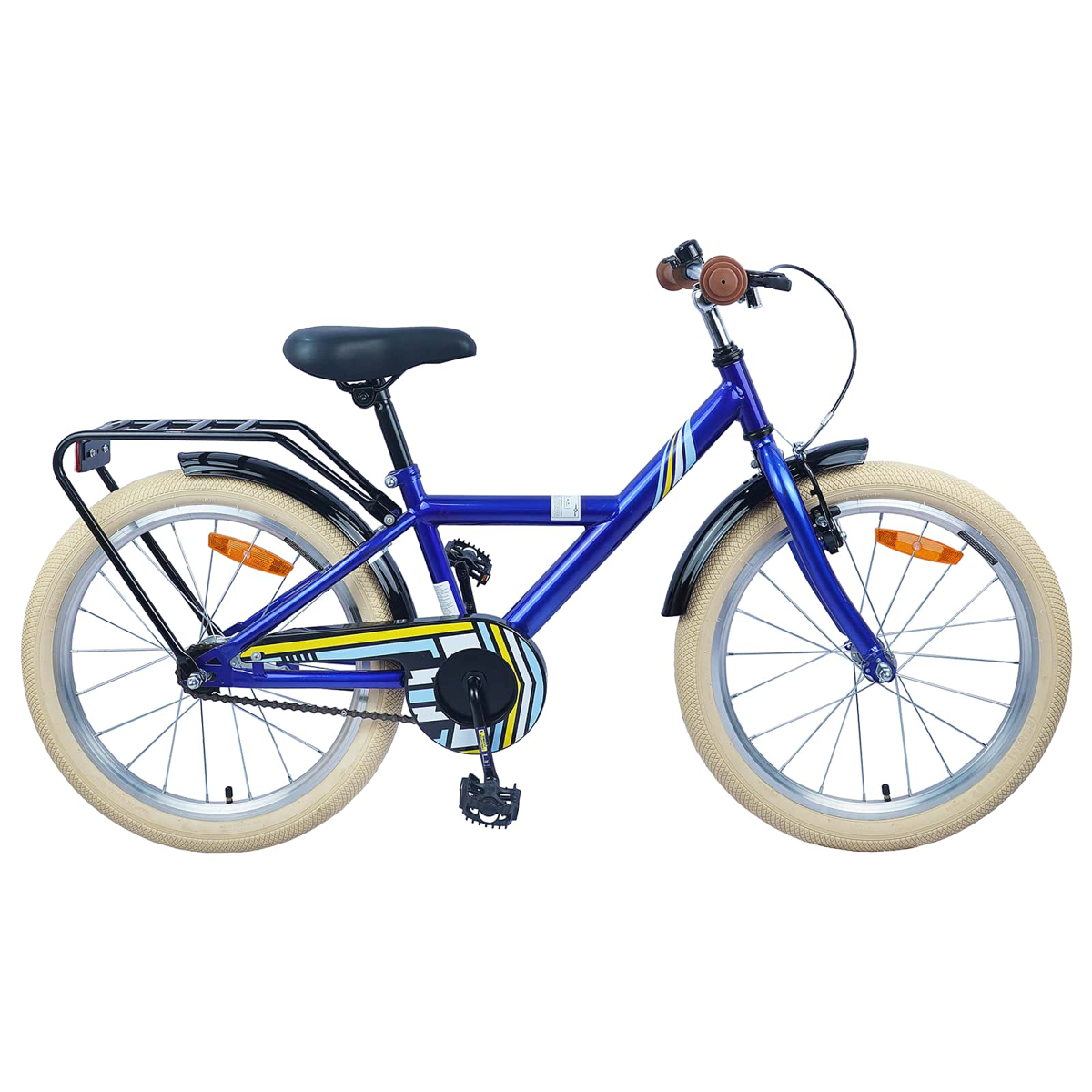 Ein blaues Kinderfahrrad mit beigen Reifen, schwarzem Sattel und Gepäckträger.