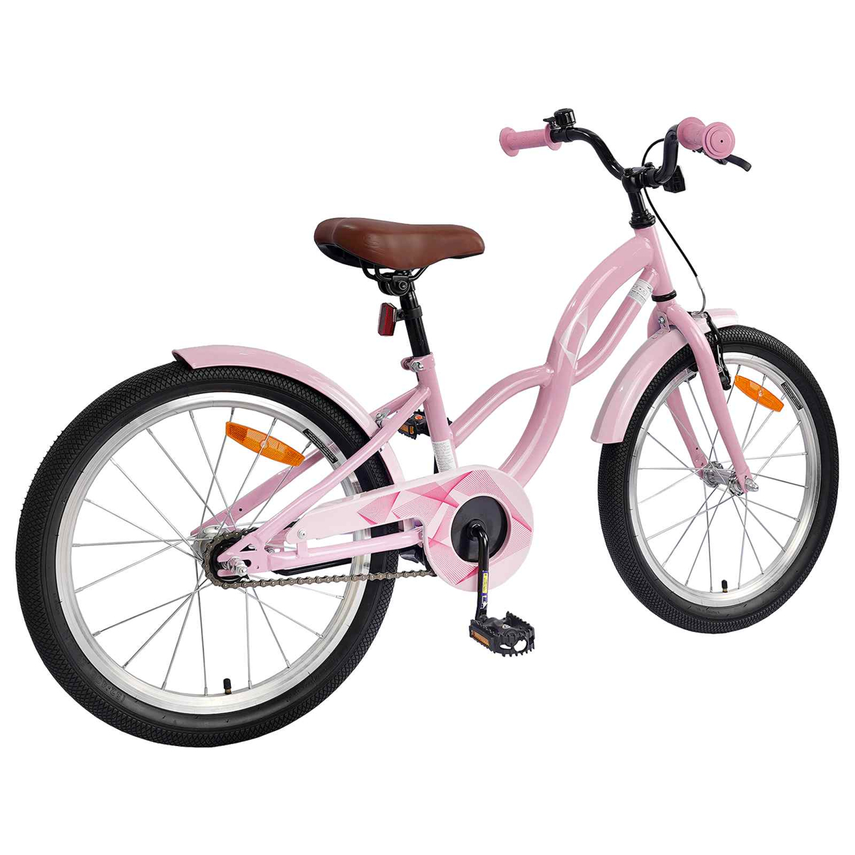Ein rosafarbenes Kinderfahrrad mit braunem Sattel und schwarzen Reifen.