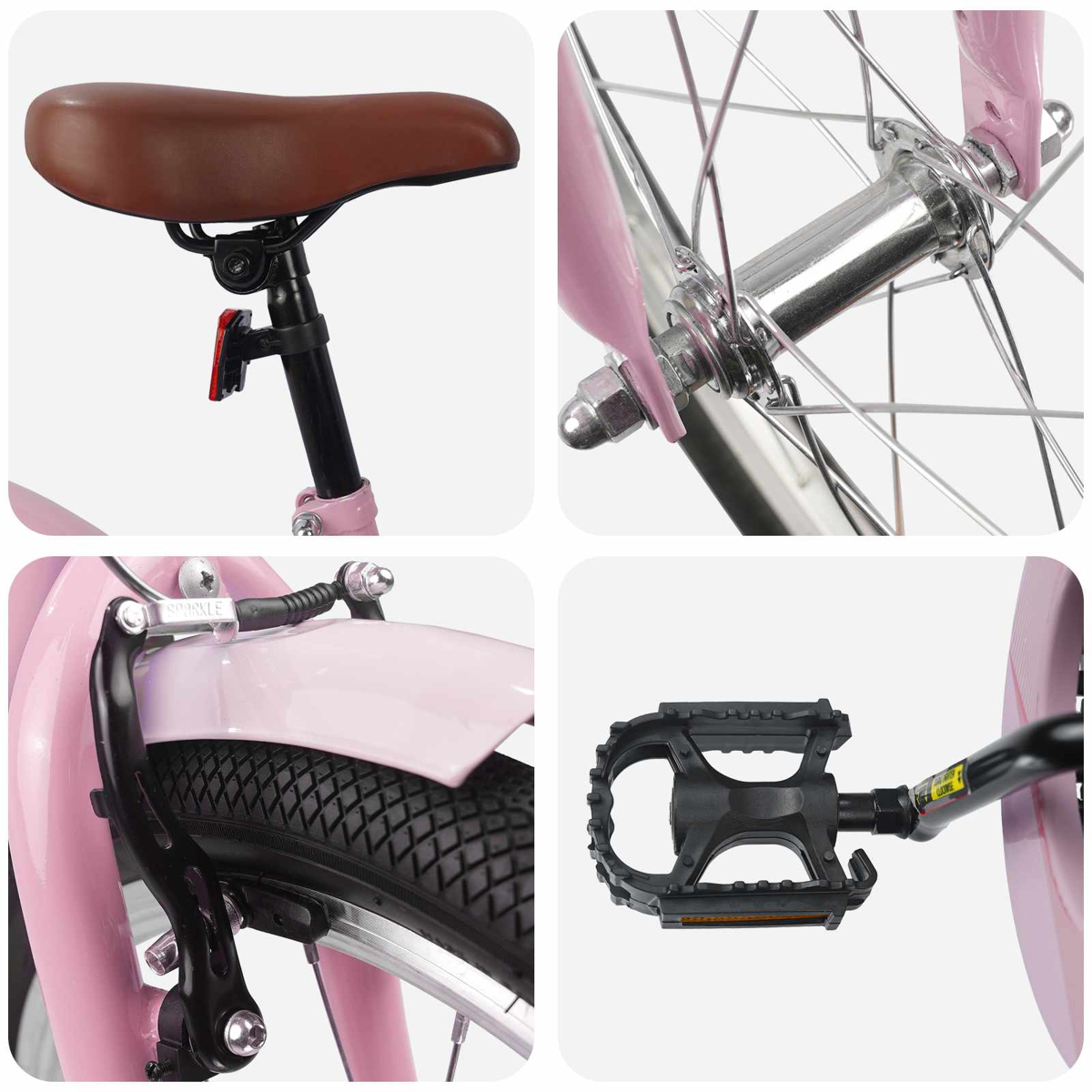 Nahaufnahme eines rosa Fahrrads mit braunem Sattel, Radnabe, Bremse und Pedal.