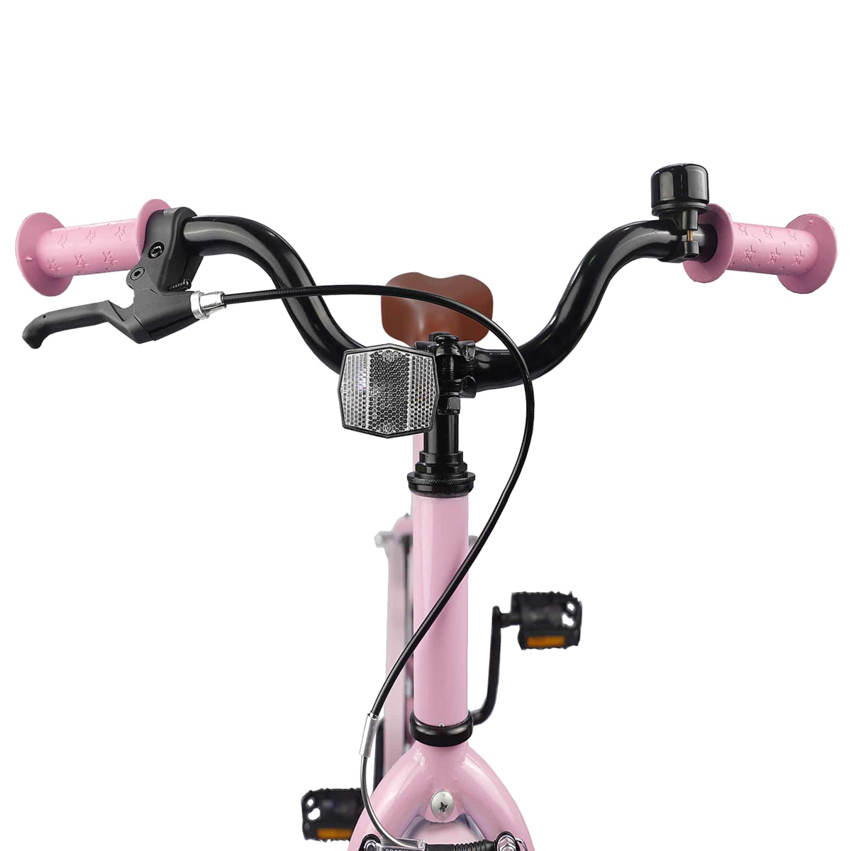 Nahaufnahme des rosa Fahrradlenkers mit schwarzen Griffen, Klingel und Reflektor.