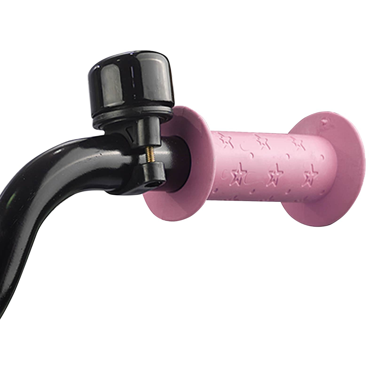 Nahaufnahme eines rosa Fahrradgriffs mit Sternen und einer schwarzen Klingel.