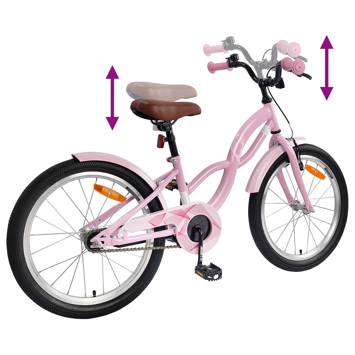 Rosa Fahrrad mit verstellbarem Sattel und Lenker. Weißer Hintergrund.