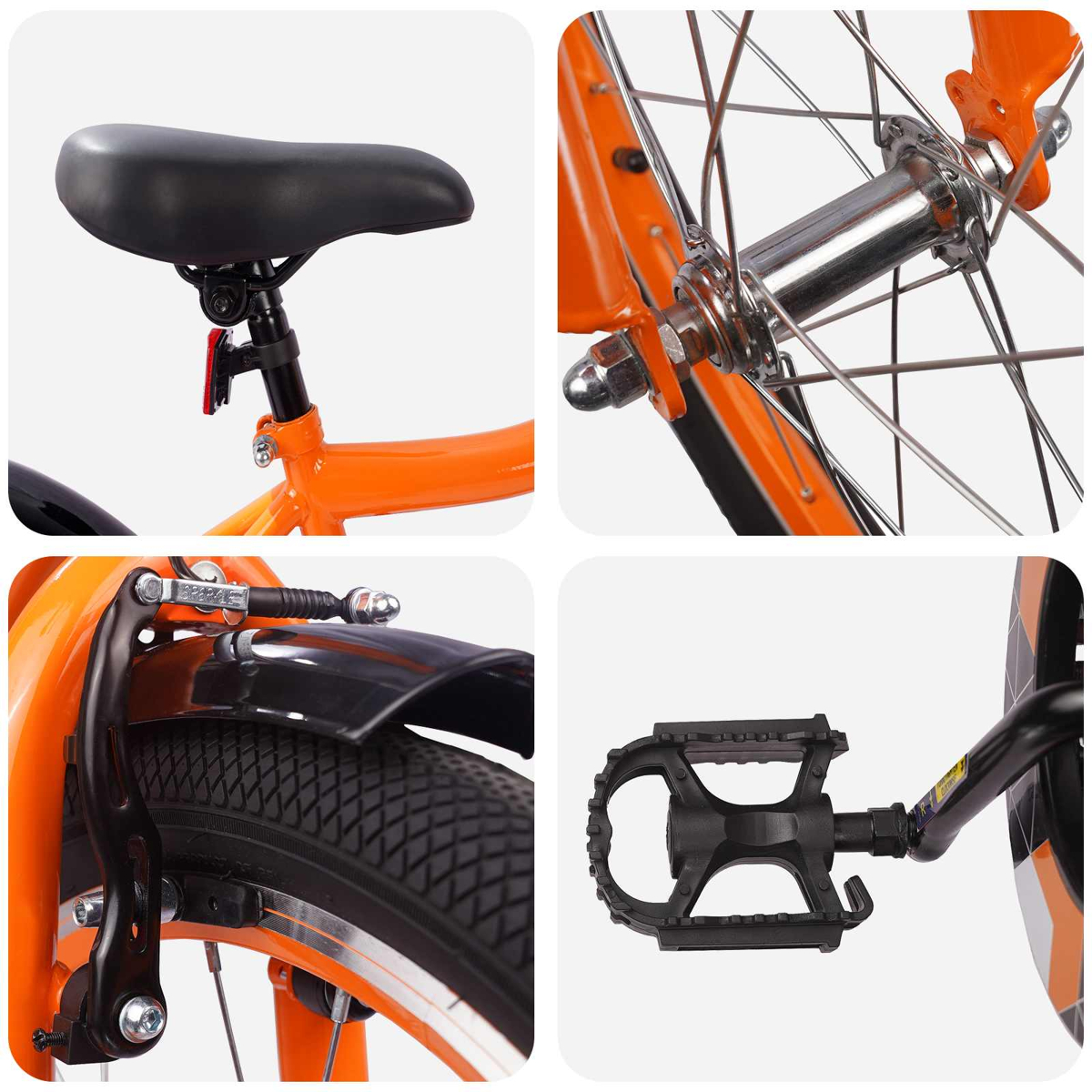 Nahaufnahme eines orangefarbenen Fahrrads: Sattel, Speichen, Bremse und Pedal.