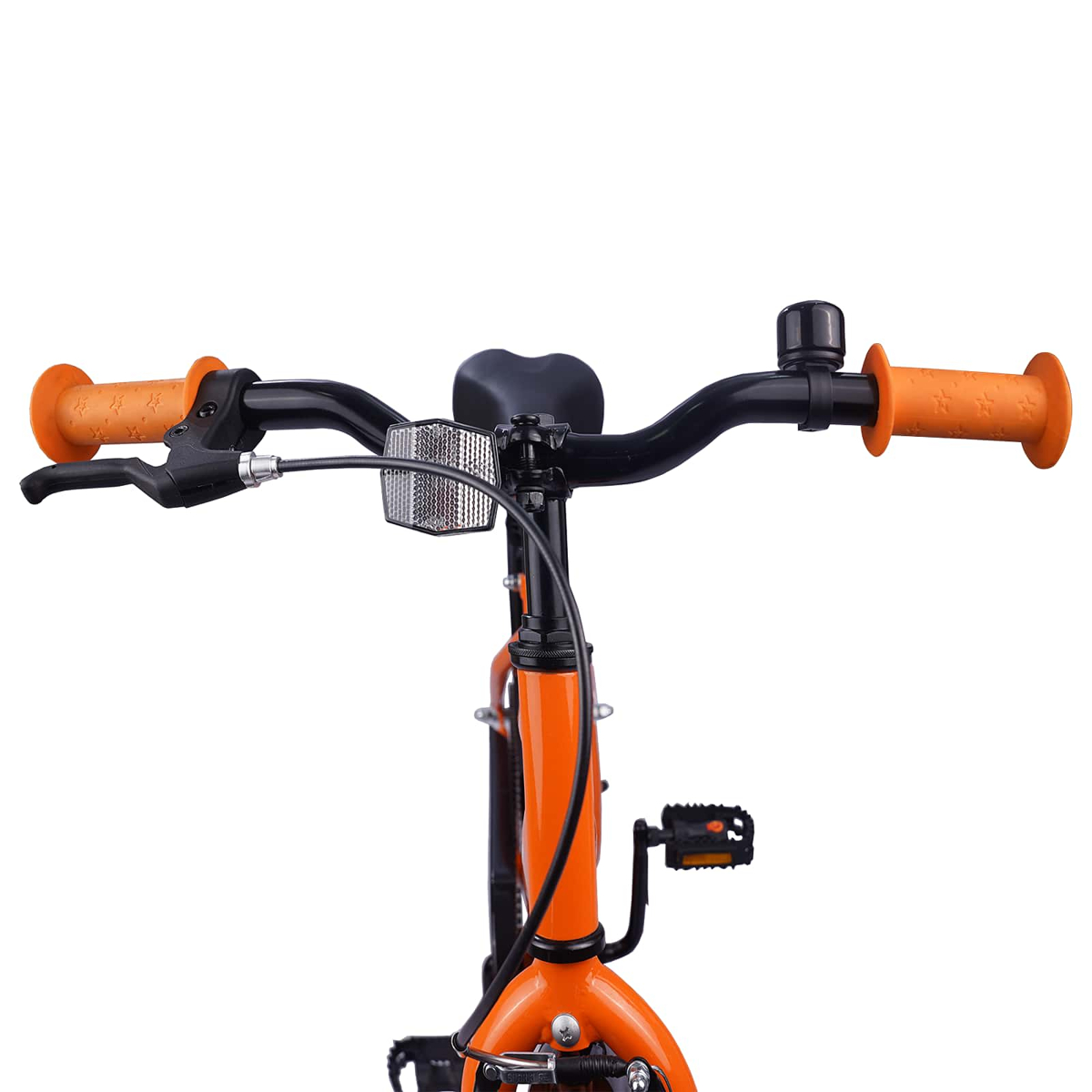 Nahaufnahme eines orangefarbenen Fahrradlenkers mit schwarzen Griffen, Klingel und Reflektor.