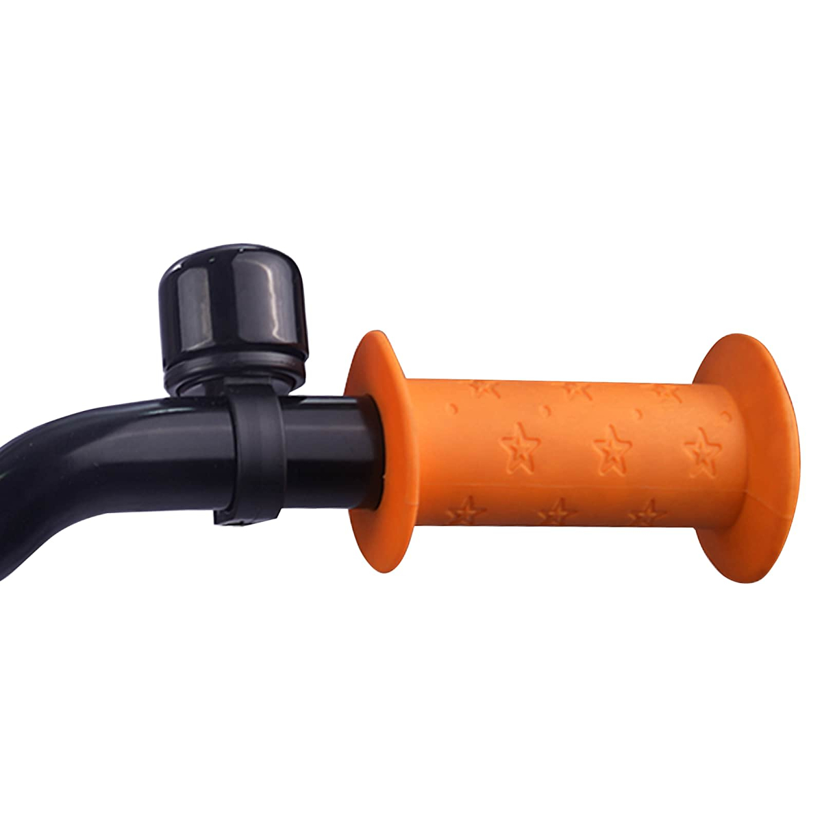 Schwarze Klingel und orangefarbener Lenkergriff mit Sternenmuster.