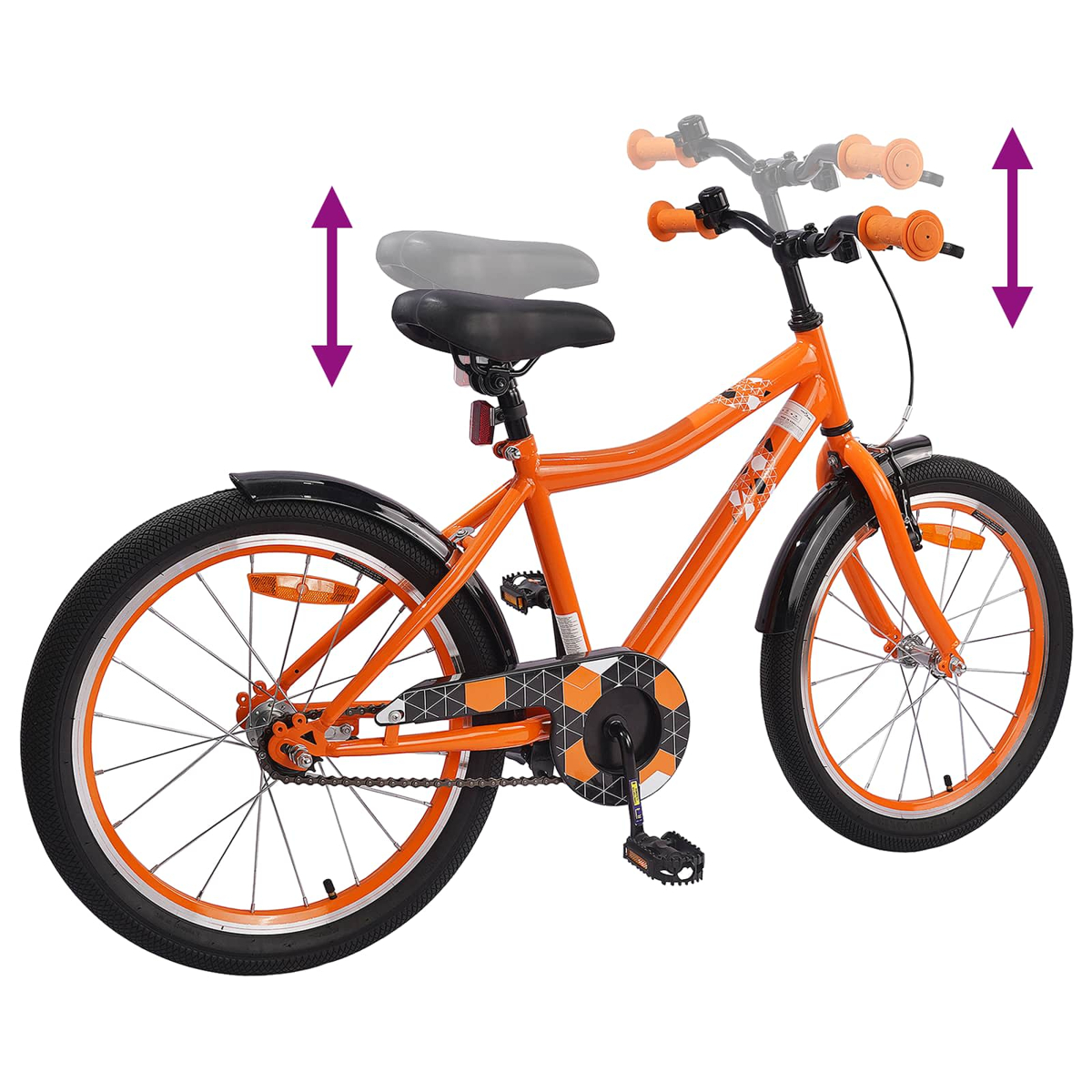 Ein orangefarbenes Kinderfahrrad mit verstellbarer Sitzhöhe und Lenkerhöhe.
