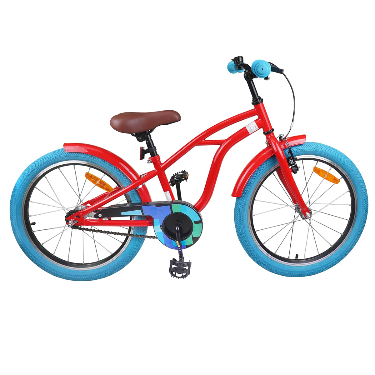 Rotes Fahrrad mit blauen Reifen, braunem Sattel, Lenker. Weißer Hintergrund.