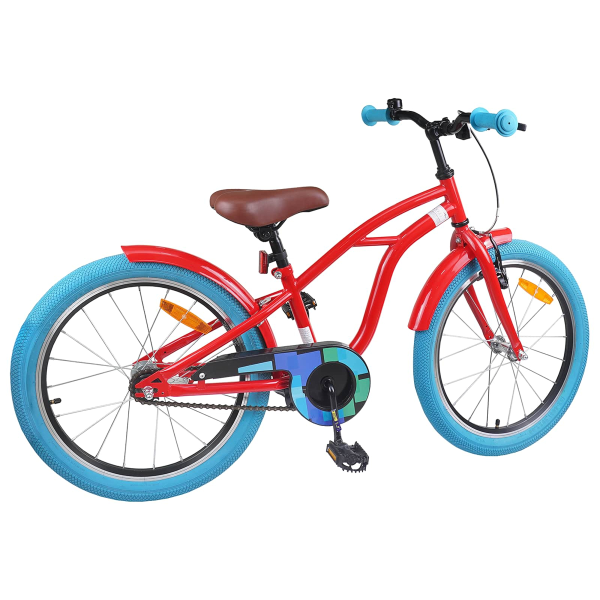 Ein rotes Kinderfahrrad mit blauen Reifen und braunem Sattel.