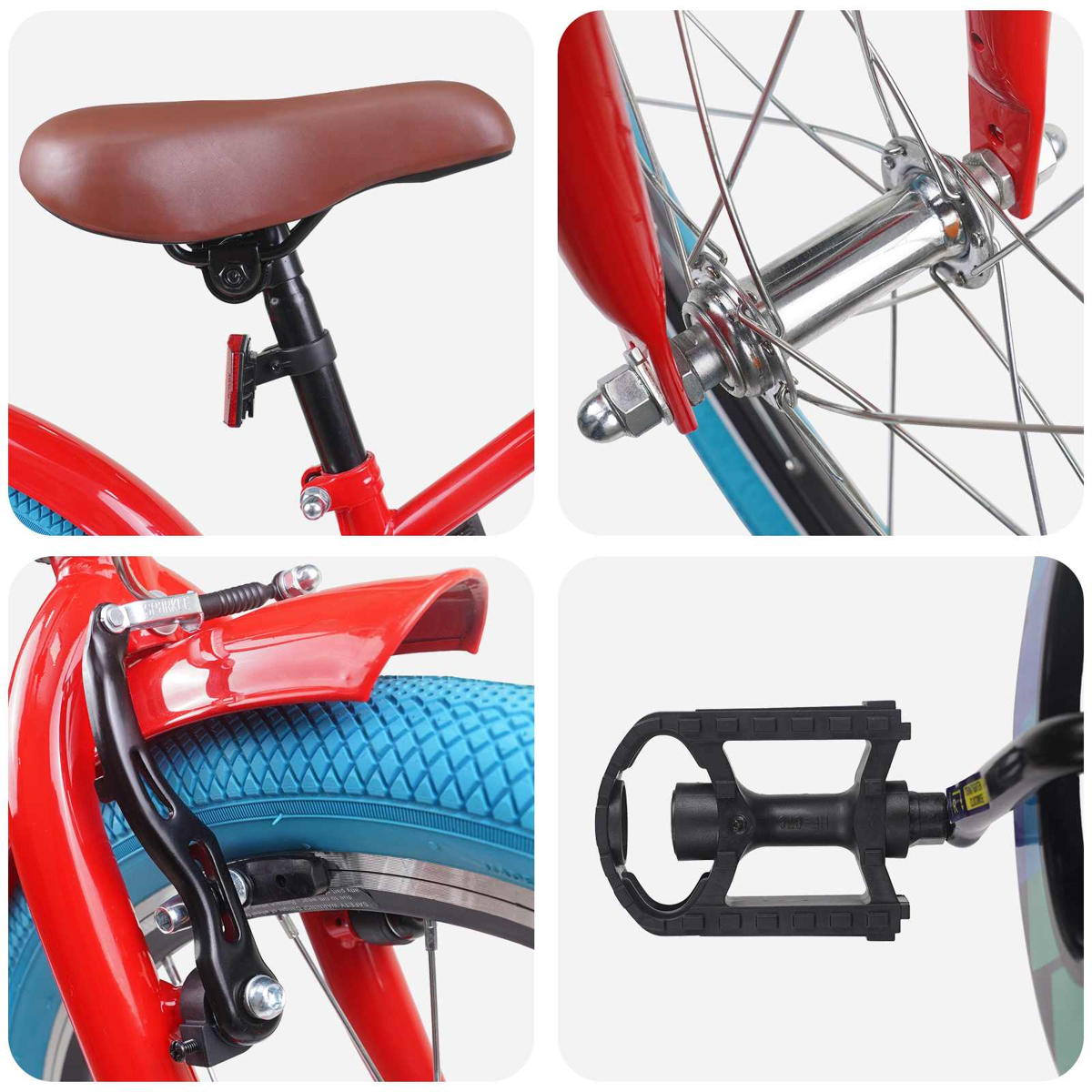 Collage eines roten Fahrrads: Sattel, Vorderradnabe, Hinterradbremse und Pedal.