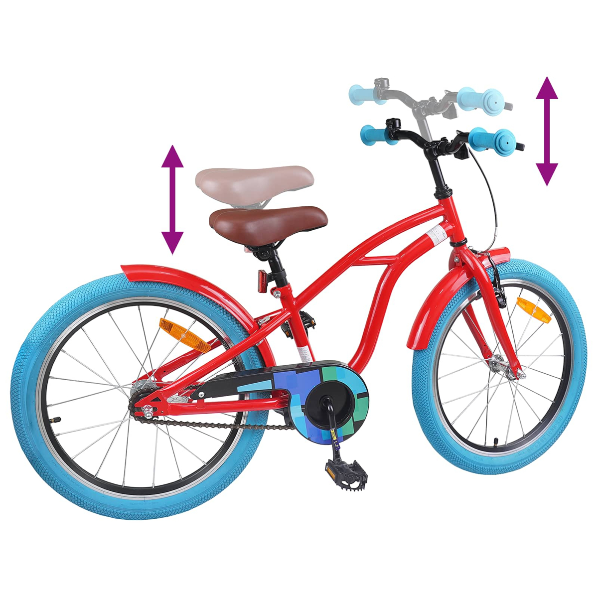 Ein rotes Kinderfahrrad mit blauen Reifen, verstellbarem Sitz und Lenker.