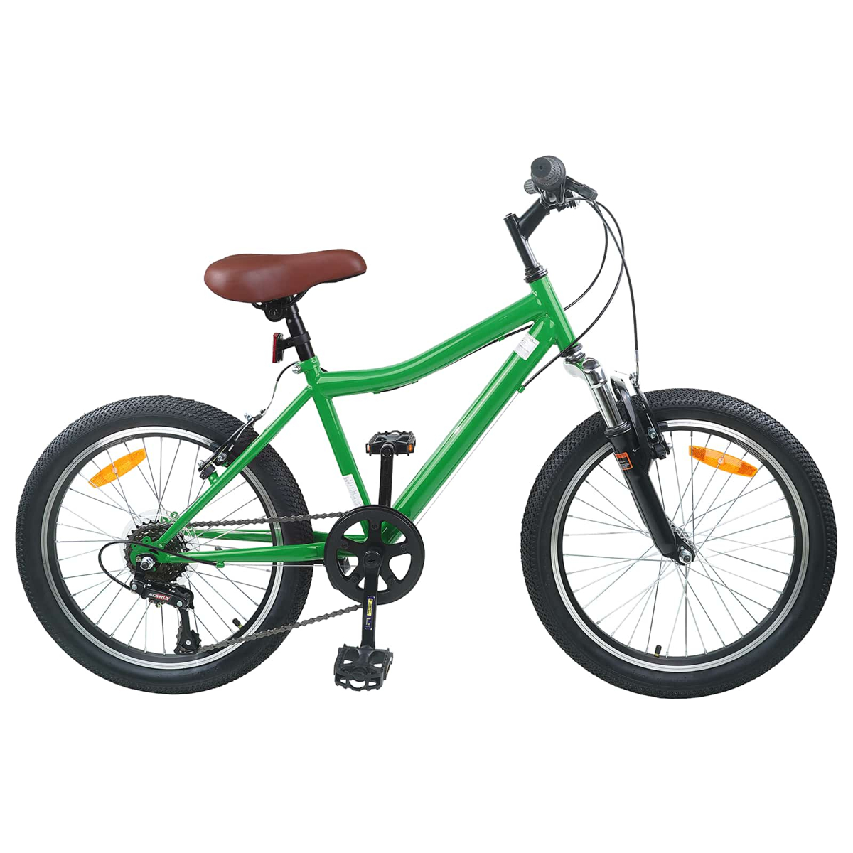 Ein grünes Fahrrad mit braunem Sattel und schwarzen Reifen, auf weißem Hintergrund.