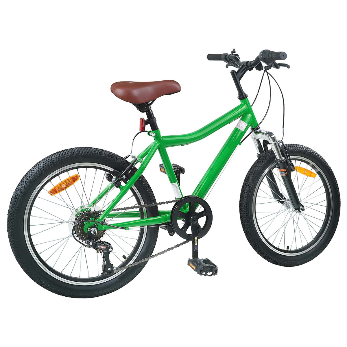 Ein grünes Kinderfahrrad mit braunem Sattel und schwarzen Reifen.