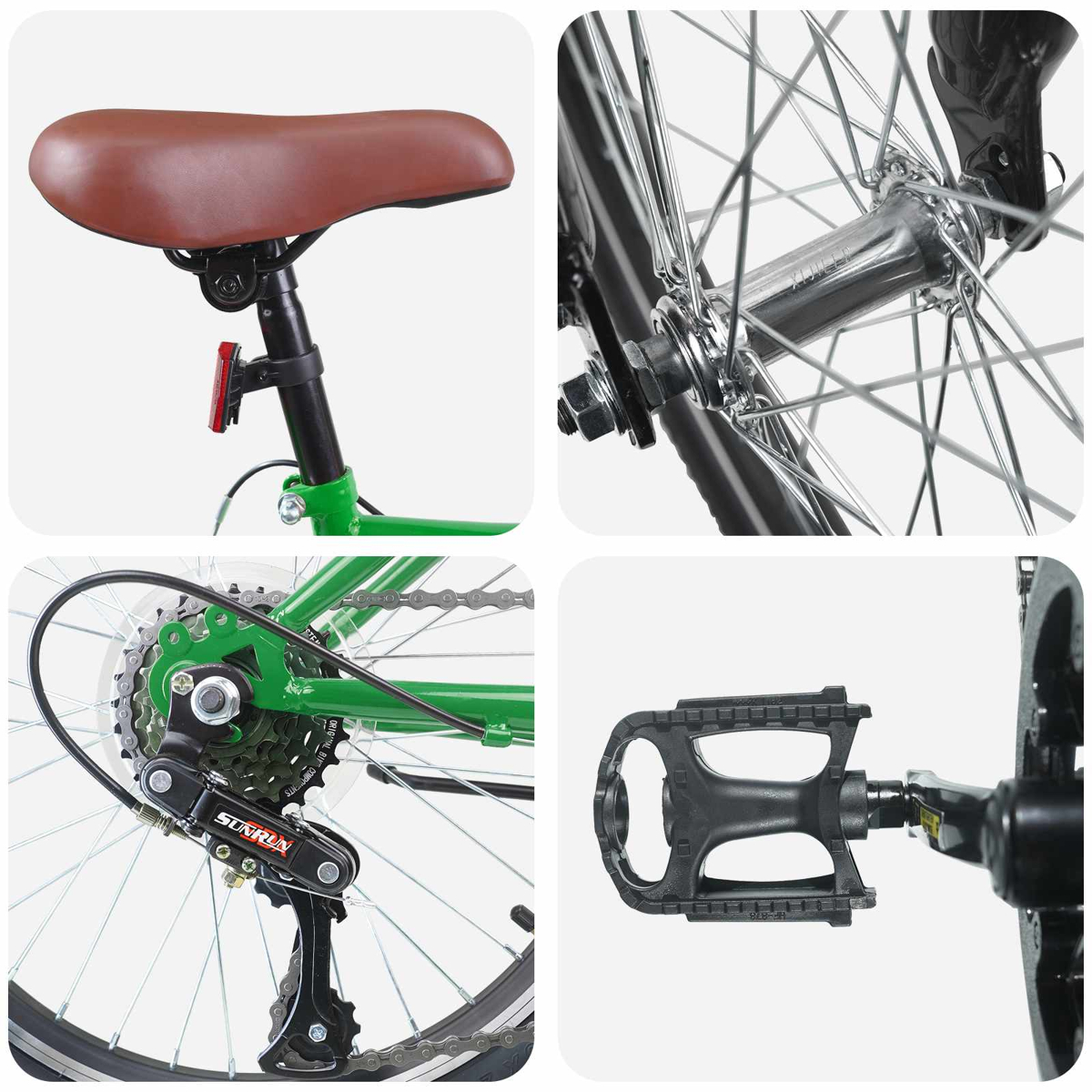 Nahaufnahme eines grünen Fahrrads mit braunem Sattel, Speichen und Pedal.