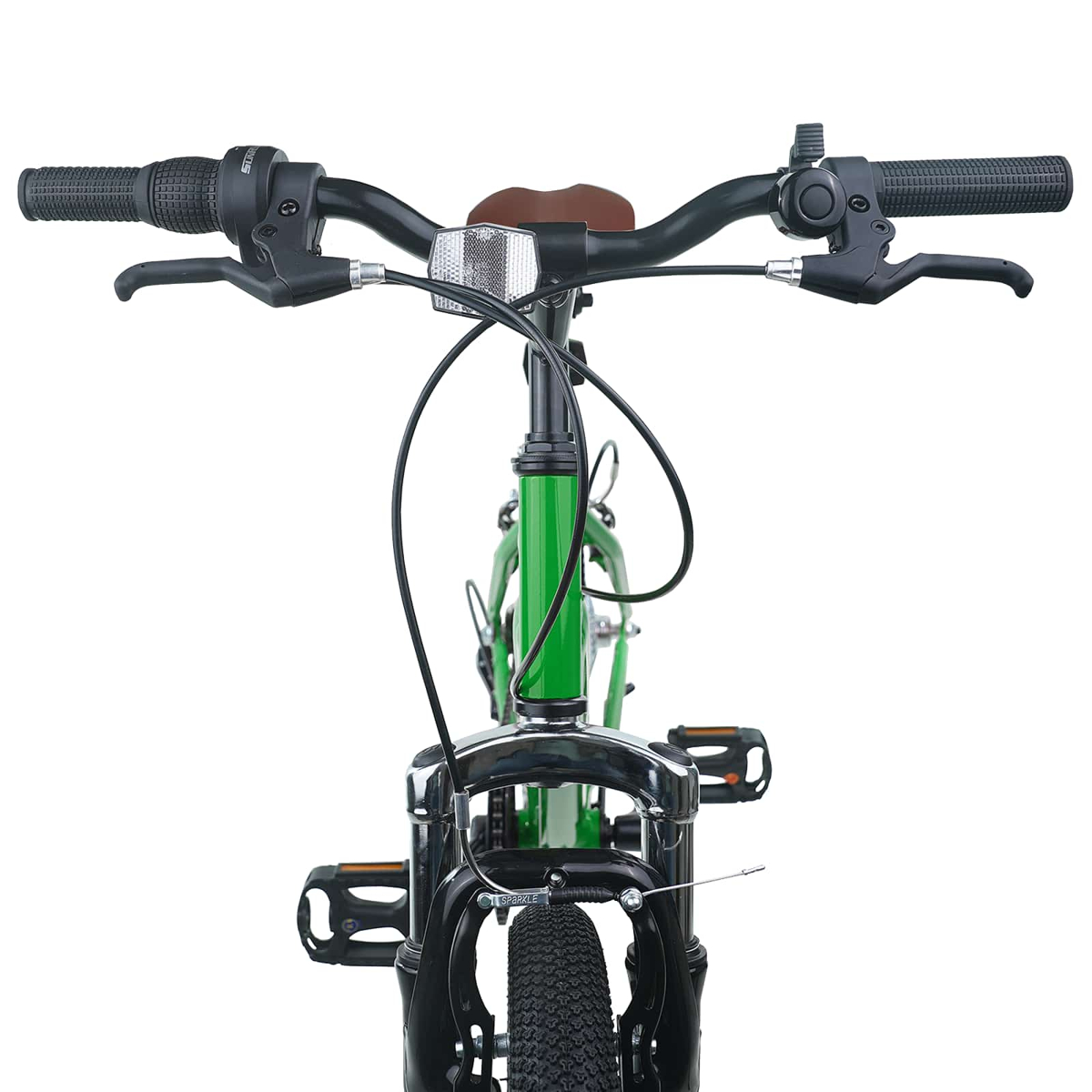 Grünes Fahrrad: Lenker mit Griffen, Bremsen, Reflektor und Vorderreifen.