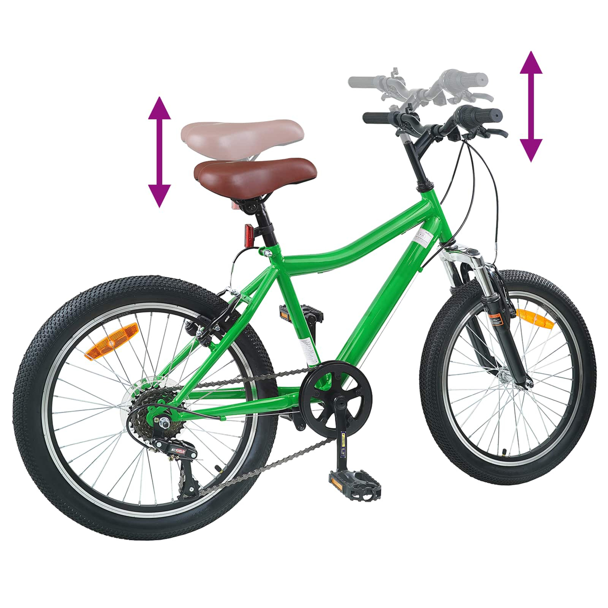 Grünes Kinderfahrrad mit verstellbarem Sitz und Lenker, angezeigt durch lila Pfeile.