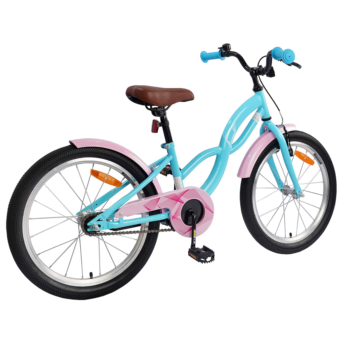 Ein türkisfarbenes und pinkes Fahrrad mit braunem Sitz auf weißem Hintergrund.