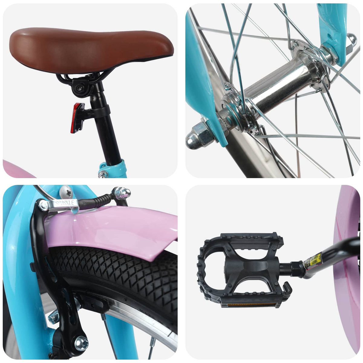 Nahaufnahme eines Kinderfahrrads mit braunem Sattel, Speichenrad, Schutzblech und Pedal.