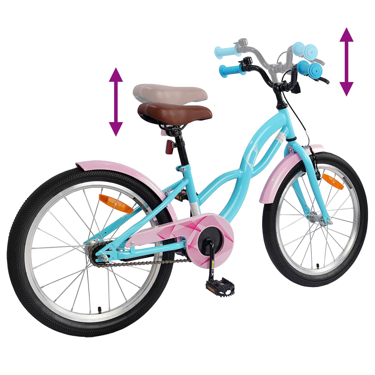 Ein blaues und pinkes Kinderfahrrad mit verstellbarem Sitz und Lenker.