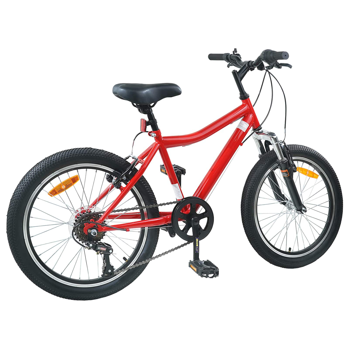 Ein rotes Kinderfahrrad mit schwarzen Reifen, Sattel und Pedalen.