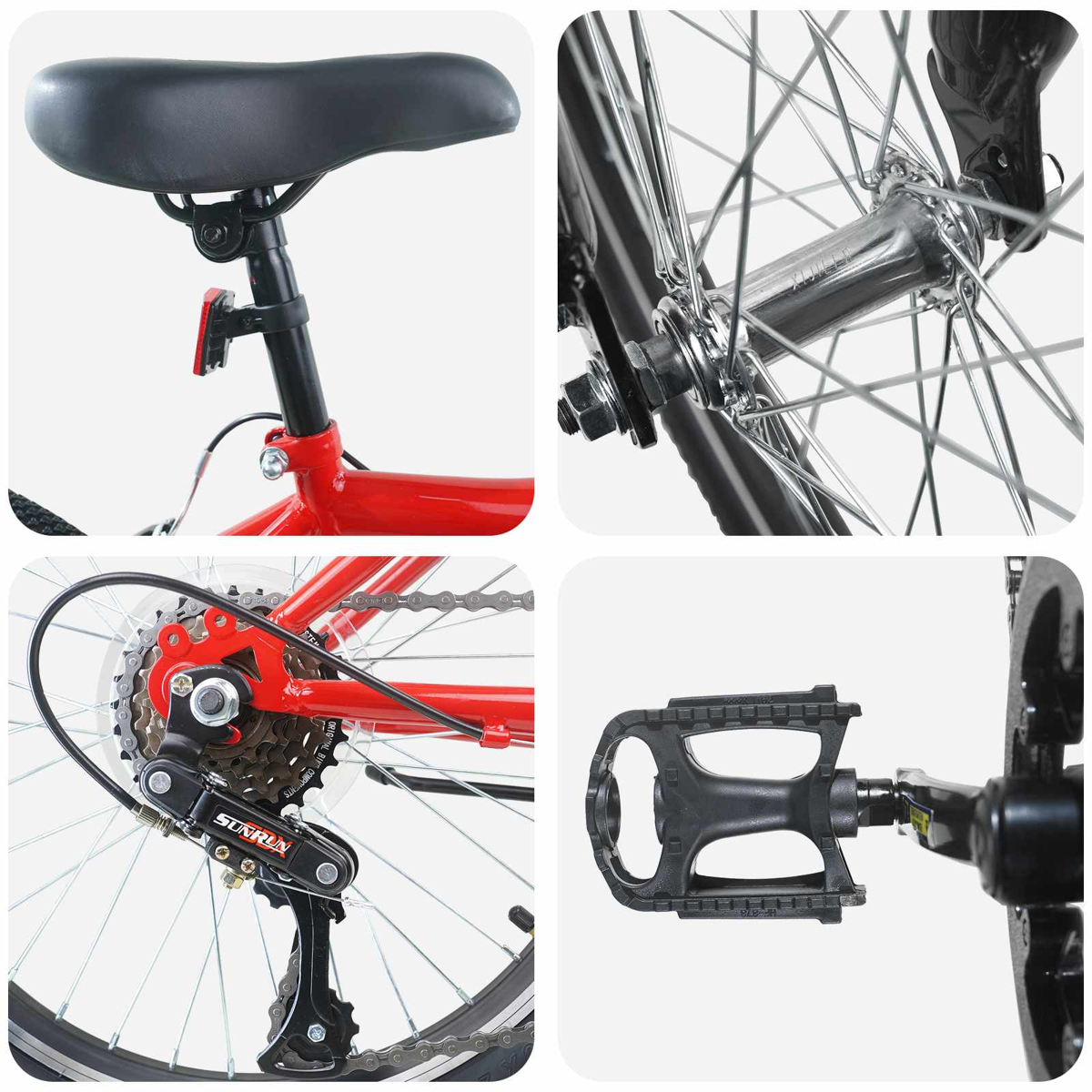 Collage eines roten Fahrrads: Sattel, Vorderradnabe, Schaltwerk und Pedal.