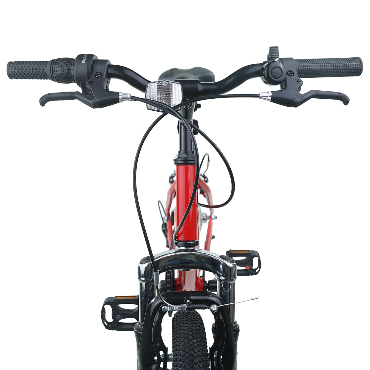 Vorderansicht eines roten Fahrrads mit schwarzen Lenkern, Bremsen und Pedalen.