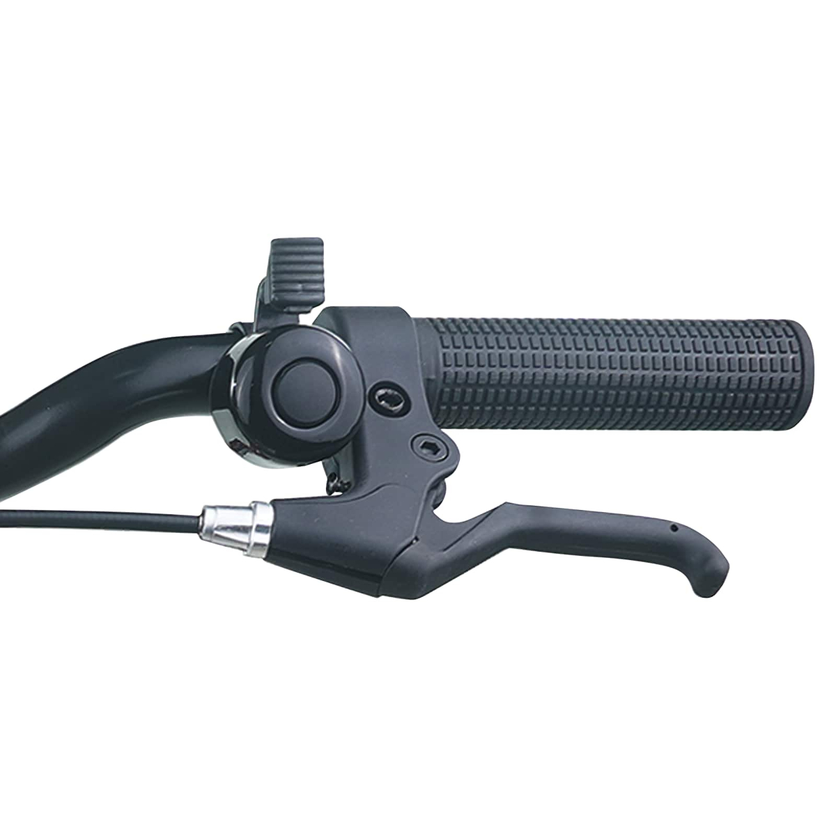 Ein schwarzer Fahrradgriff mit Bremshebel und Klingel.