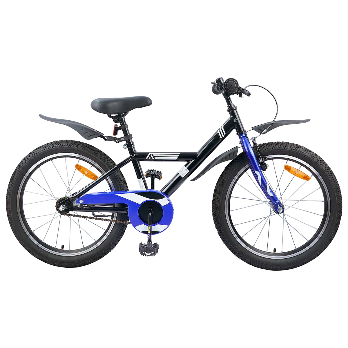 Ein schwarzes Kinderfahrrad mit blauen Akzenten und Schutzblechen.