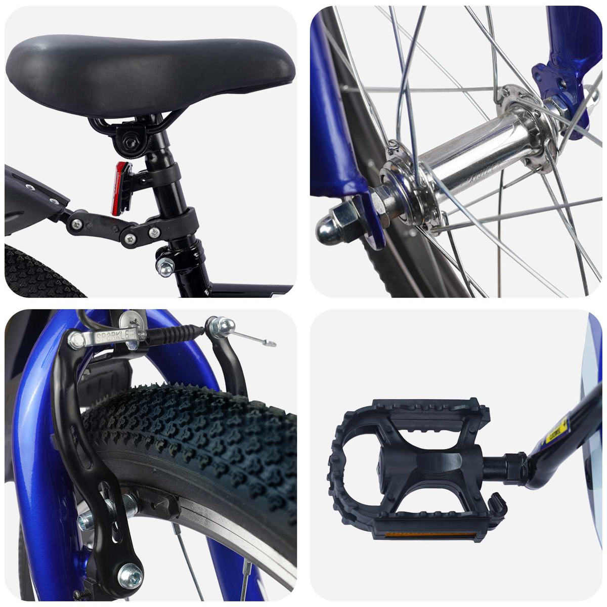 Collage aus Fahrradteilen: Sitz, Vorderradnabe, Vorderbremse und Pedal.