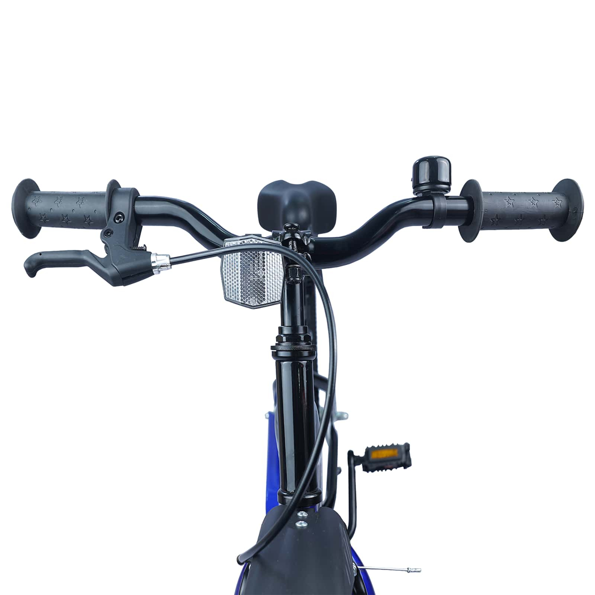 Nahaufnahme des Lenkers eines blauen Fahrrads mit Griffen, Bremsen und einer Klingel.