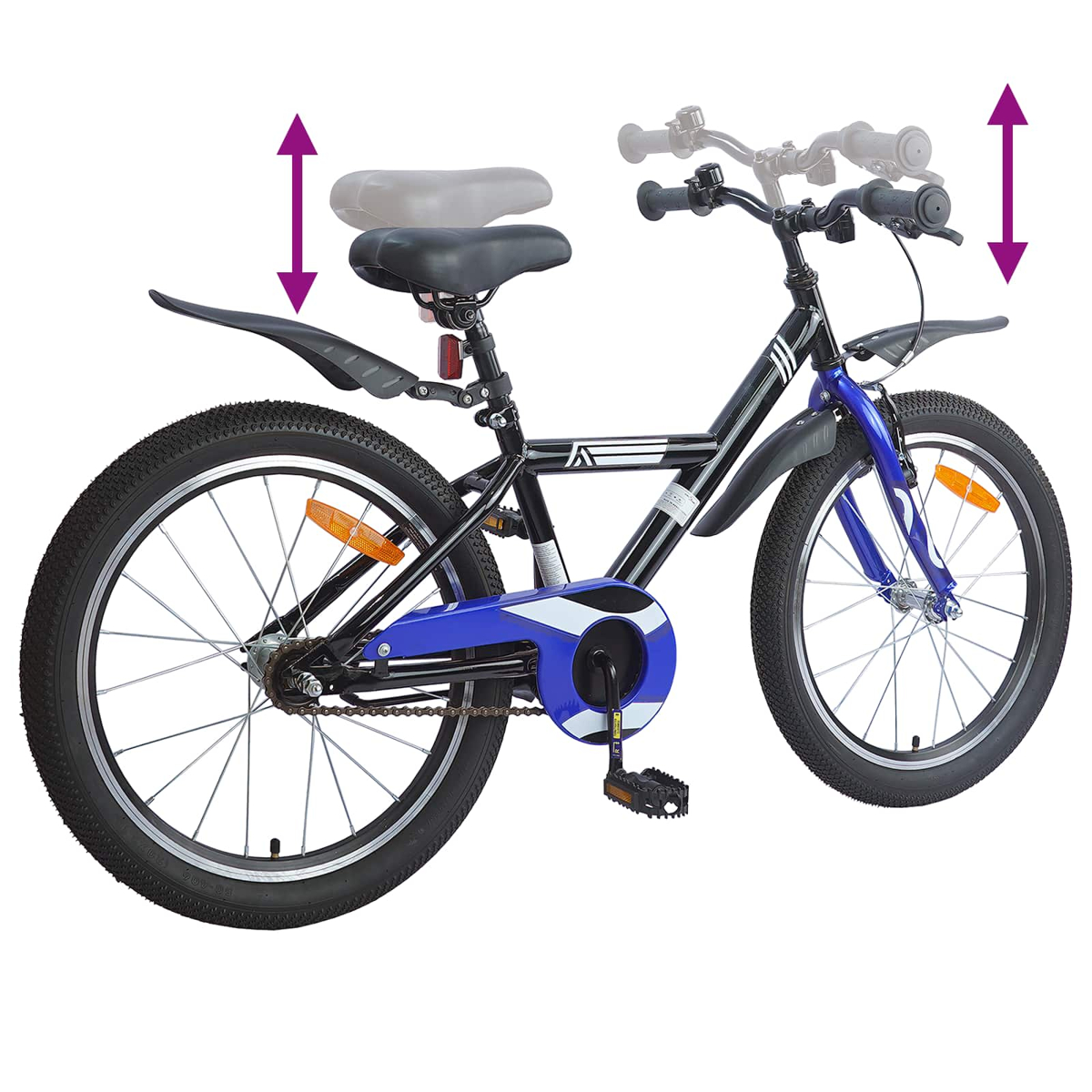 Schwarz-blaues Kinderfahrrad mit verstellbarem Sattel und Lenker.