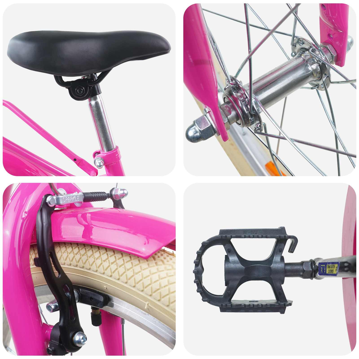 Nahaufnahme eines pinken Fahrrads: Sattel, Radnabe, Bremse und Pedal.