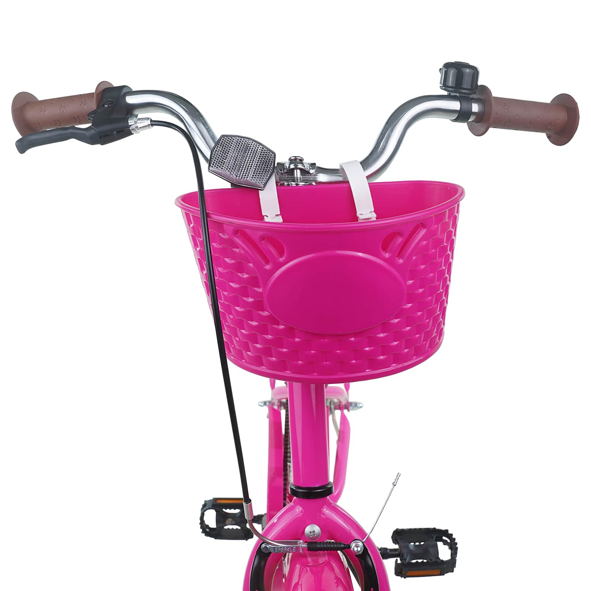 Pinker Fahrradlenker mit Korb, Klingel und Reflektoren. Weiße Gurte halten den Korb.