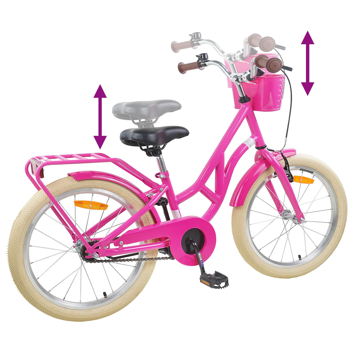 Ein pinkes Kinderfahrrad mit Auf-/Abwärts-Pfeilen, die die Sitz- und Lenkerverstellung anzeigen.