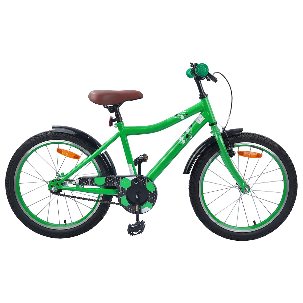 Ein grünes Kinderfahrrad mit braunem Sattel und schwarzen Schutzblechen.