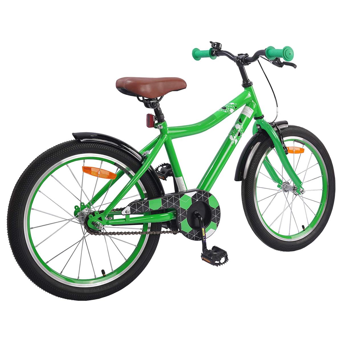 Grünes Fahrrad mit braunem Sattel, schwarzen Schutzblechen und Reflektoren.