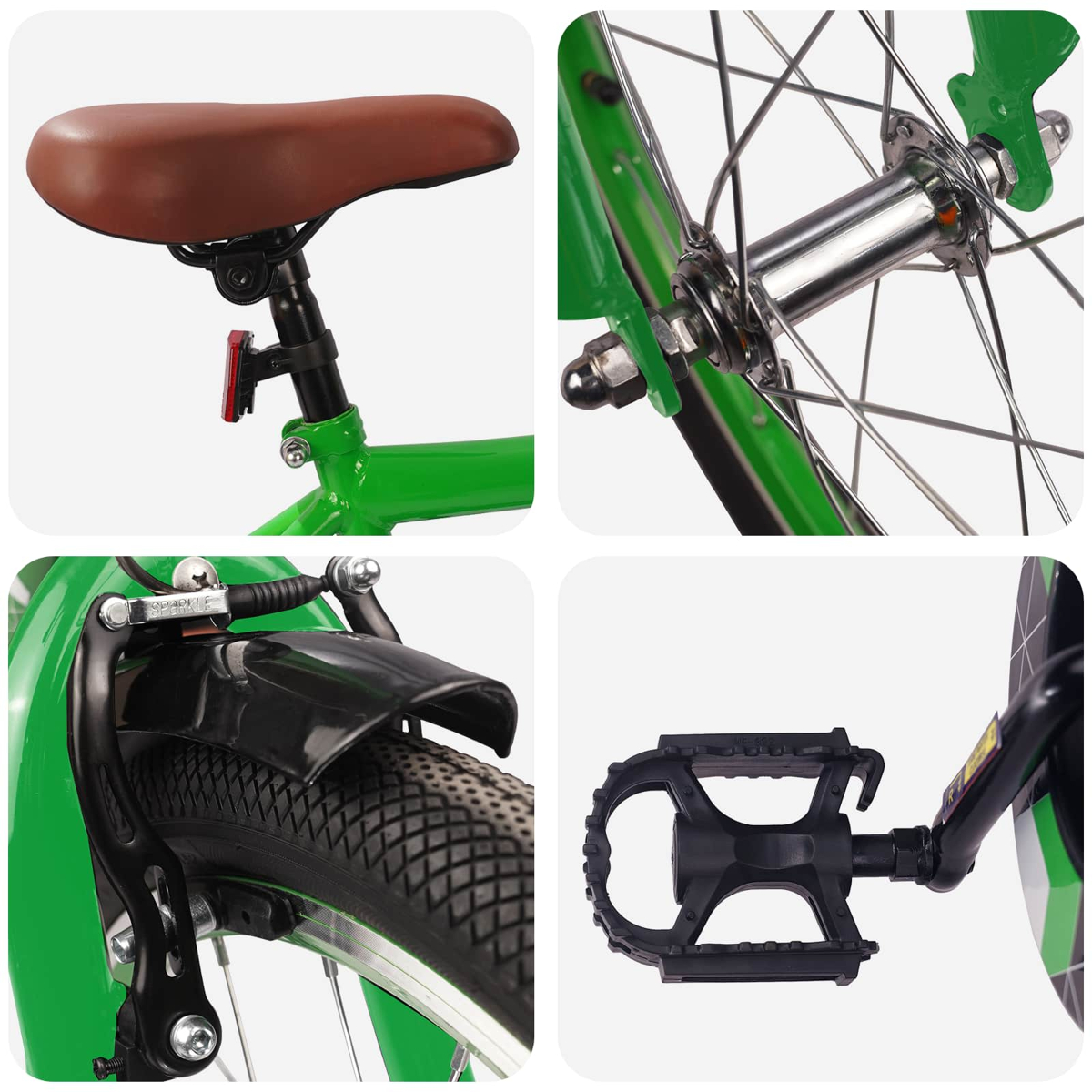 Grünes Fahrrad: Sattel, Radnabe, Bremse und Pedal im Detail.