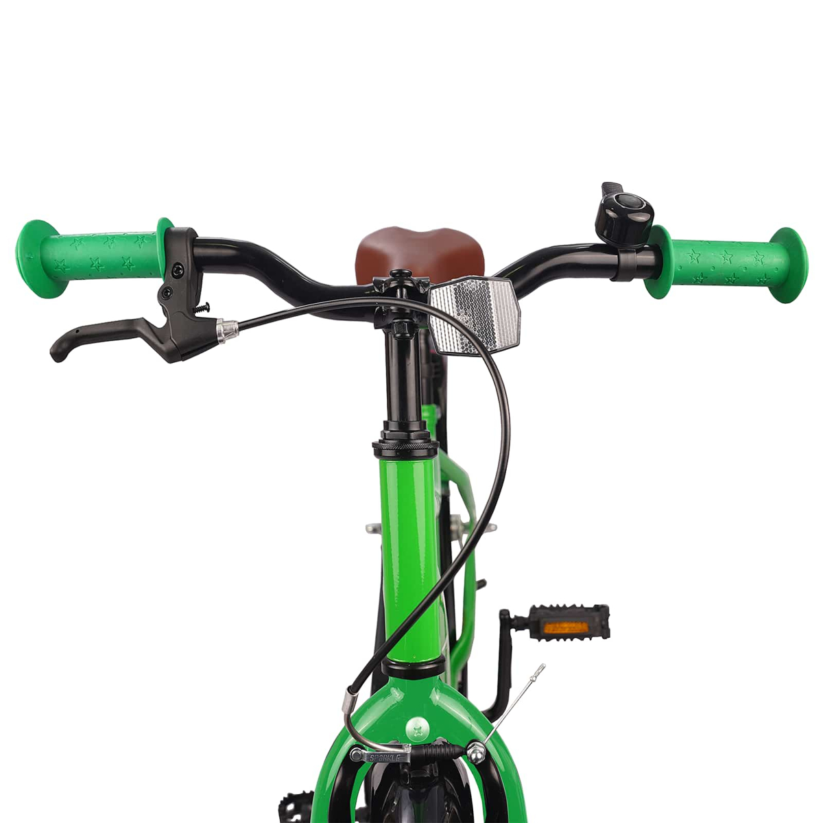 Vorderansicht eines grünen Fahrrads mit braunem Sattel, Lenker mit grünen Griffen und Klingel.