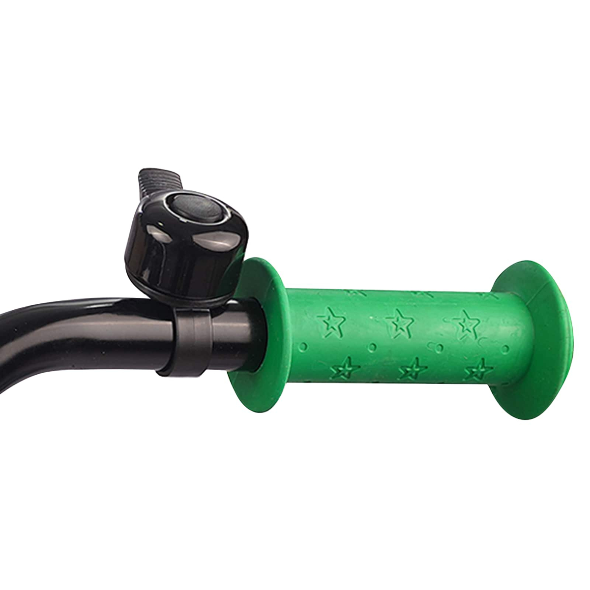 Schwarze Klingel und grüner Sternengriff an einem Fahrradlenker.