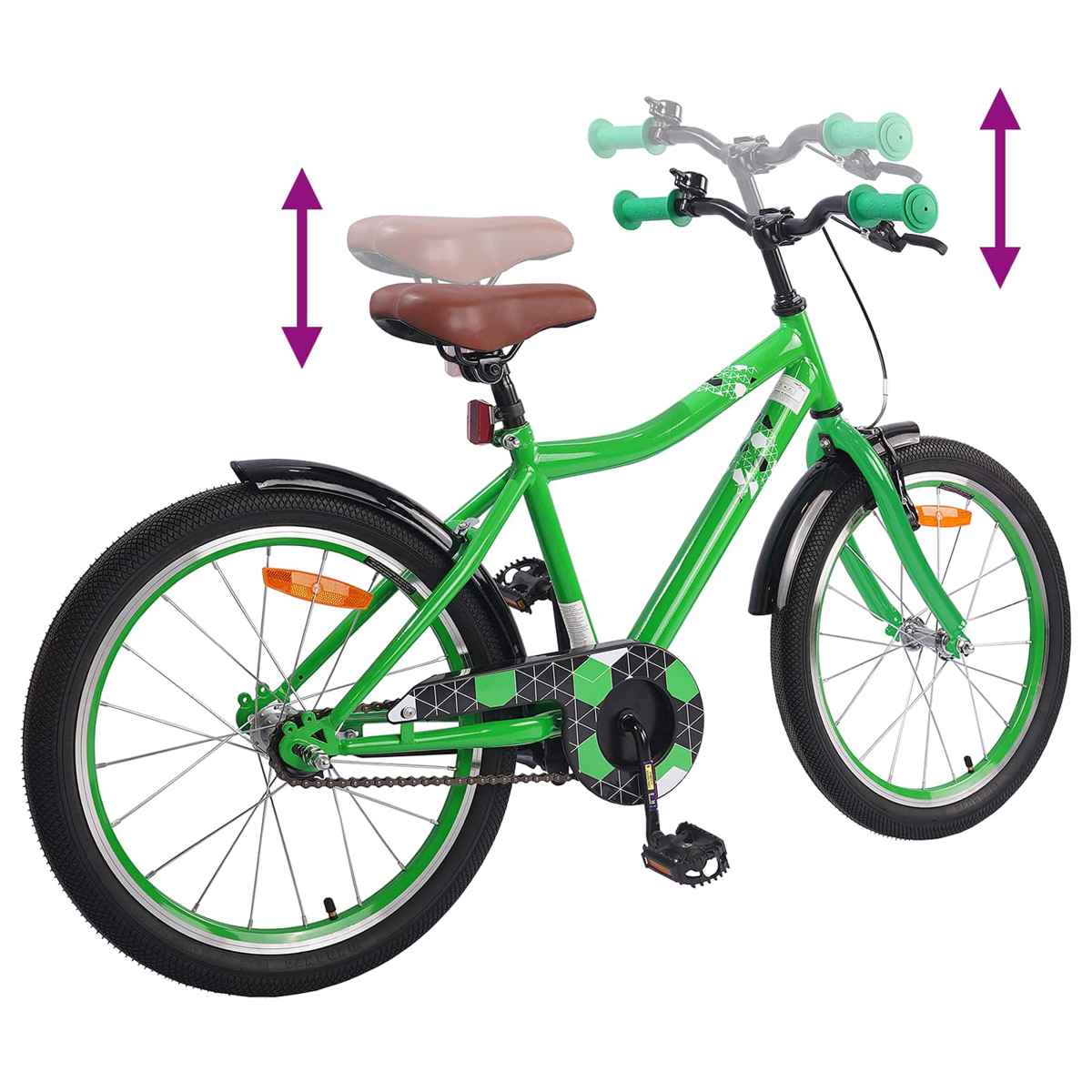 Grünes Kinderfahrrad mit verstellbarem Sattel und Lenker.