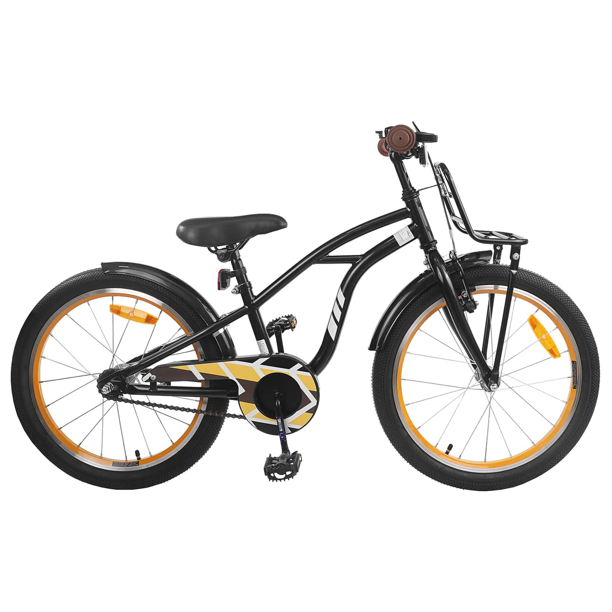 Ein schwarzes Fahrrad mit orangefarbenen Felgen, einem vorderen Korb und braunen Griffen.