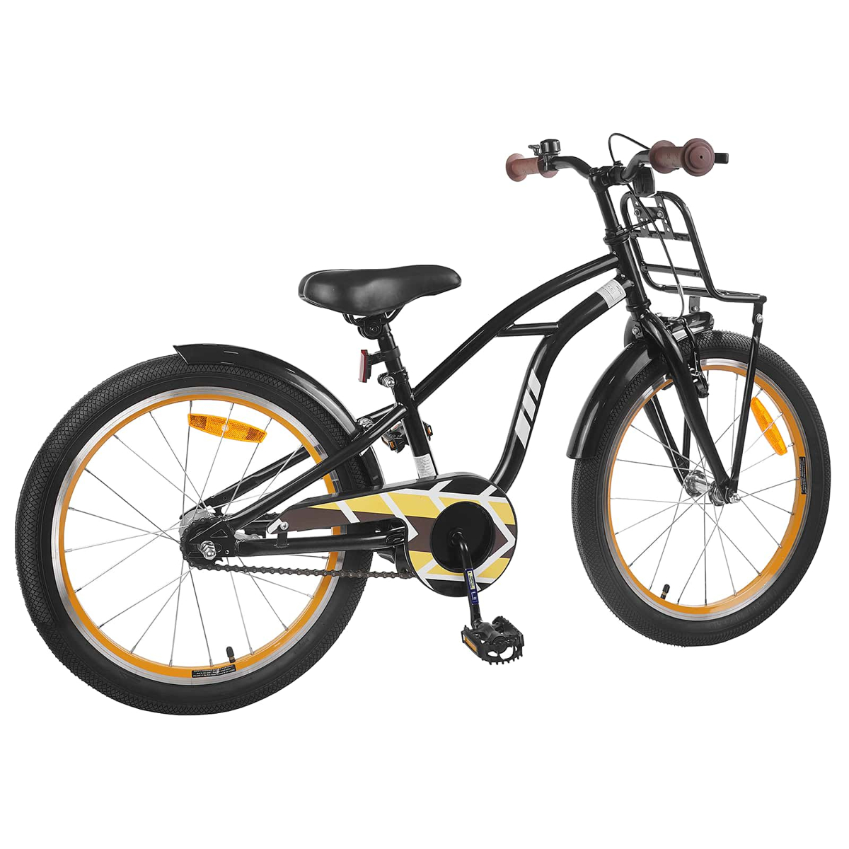 Schwarzes Fahrrad mit braunen Griffen, vorderem Korb und orangefarbenen Felgen.