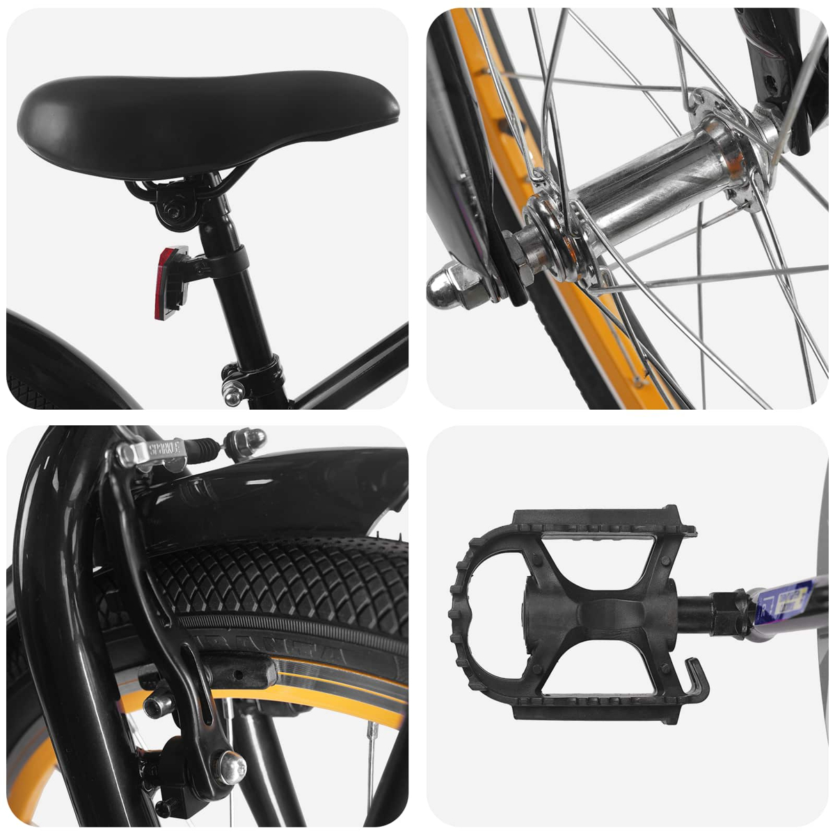 Nahaufnahme eines Fahrrads mit Sattel, Radnabe, Bremse und Pedal.