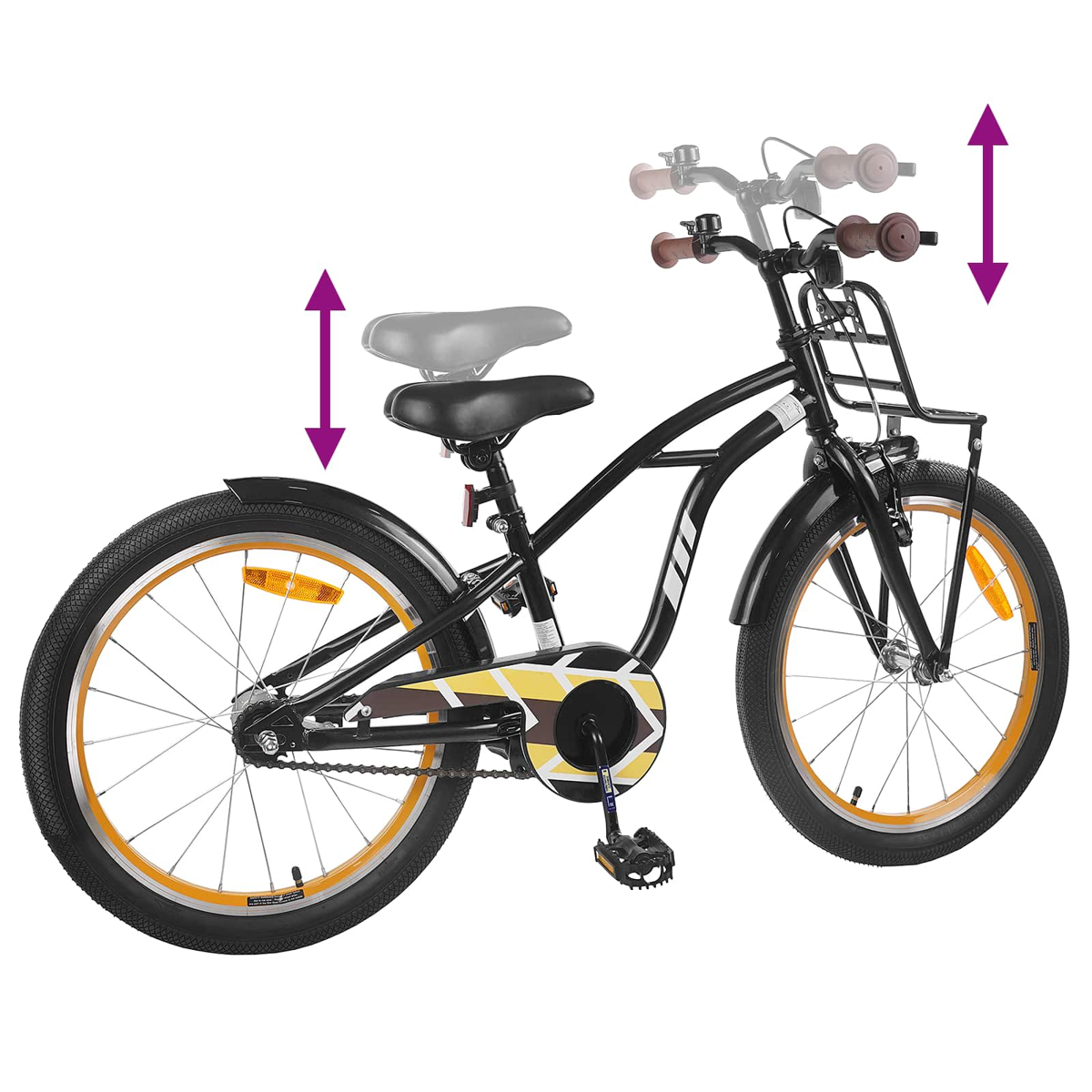 Schwarzes Kinderfahrrad mit orangefarbenen Felgen, Korb und verstellbarem Sitz/Lenker.