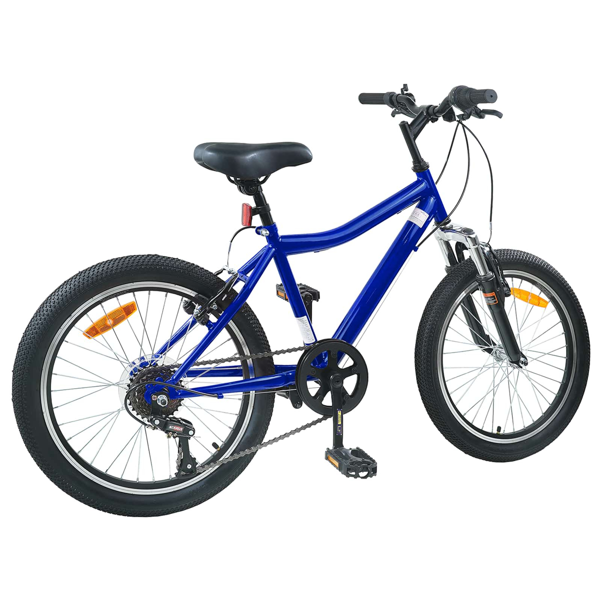 Ein blauer Kinderfahrrad mit schwarzen Reifen, Sattel und Pedalen.